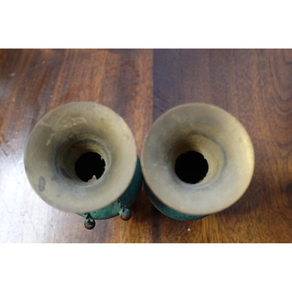Vintage brass metal tulip shape set of 2 vases 6 inches metal rope decor